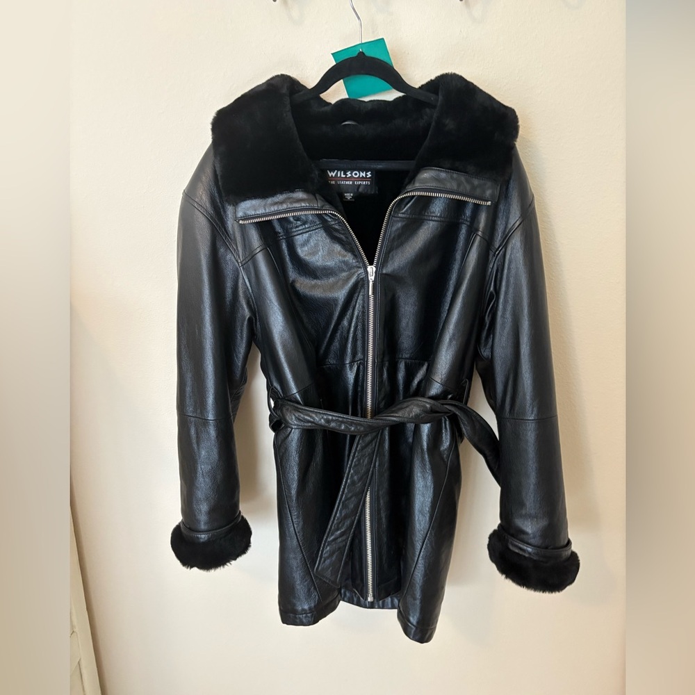 Wilson Black Leather Coat with Fur Trim